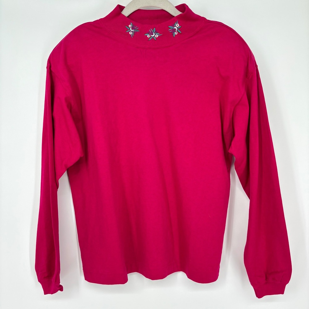Vintage NWT Deadstock Mock Neck Embroidered‎ Top Sz S Long Sleeve Red Granny 90s
